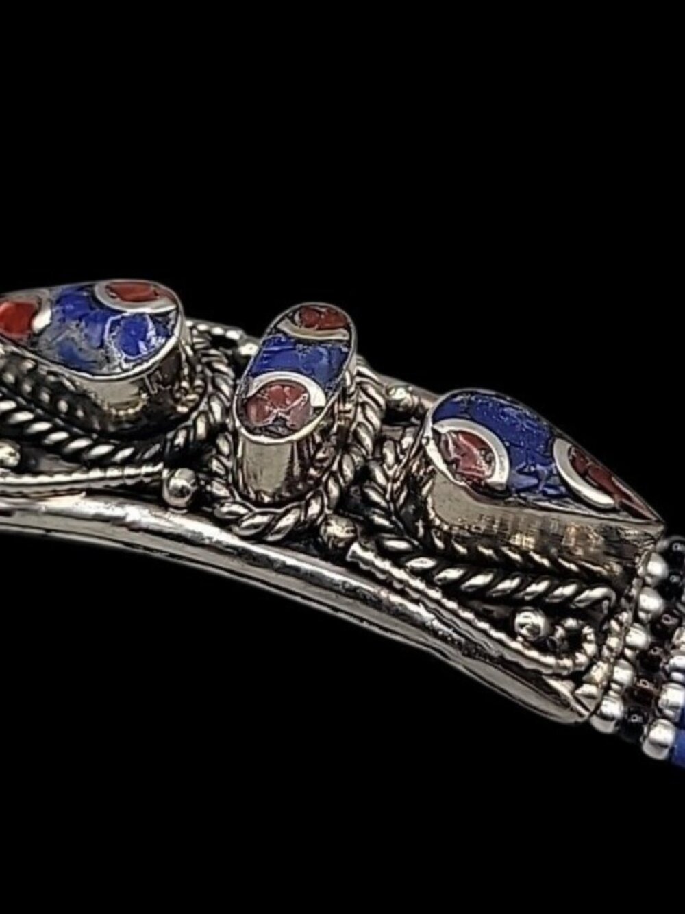 Vintage Tibetan Nepalese Silver Inlay Bracelet Lapis Coral 7.5” Ethnic Boho - Picture 16 of 16